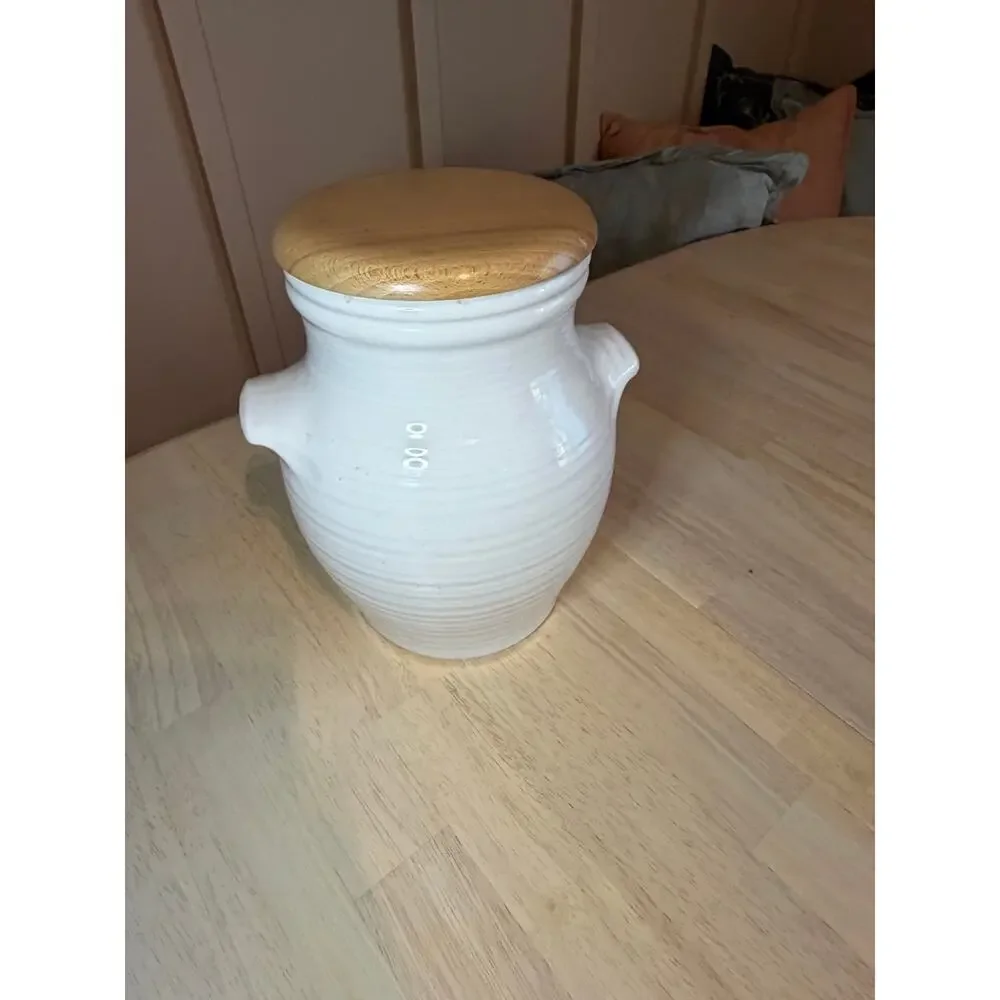 Revol France White Porcelain Vinaigre Vinegar Crock Dispenser Wooden Lid